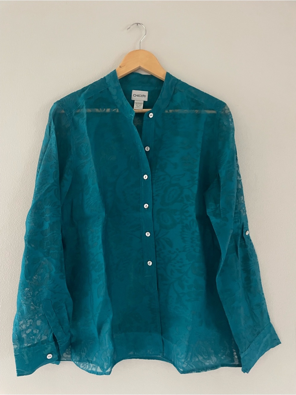 Chico's Teal Floral-Jacquard Sheer Button-Down Blouse